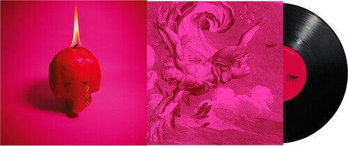 Vinyl record with a pink cover featuring artistic design and a red record