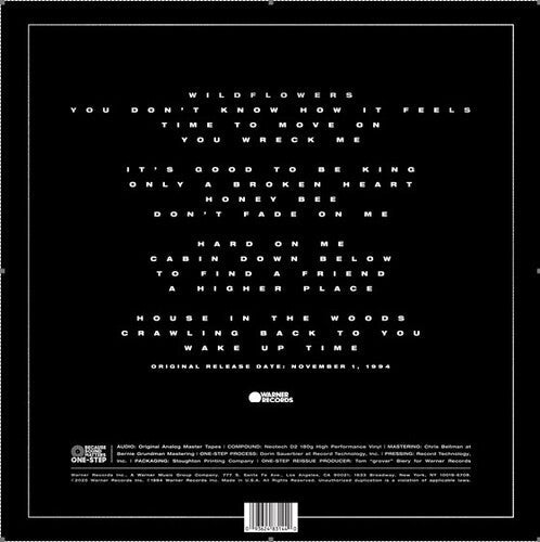 Black album cover with white text listing song titles and release details.