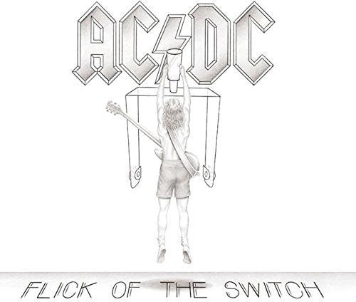 Album cover of AC/DC's 'Flick of the Switch' with a stylized illustration of a person holding a guitar.