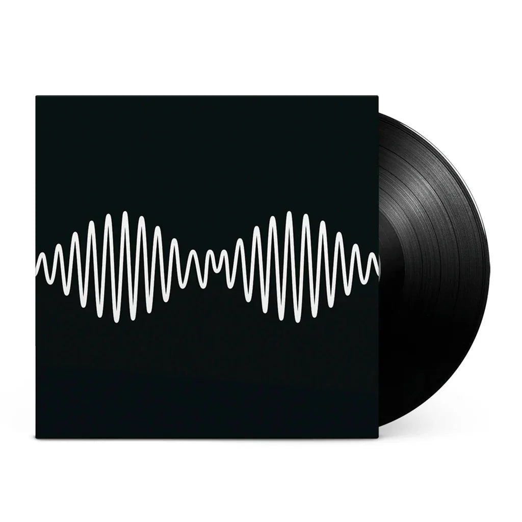 Black vinyl record with a white wavy line design on the cover against a white background