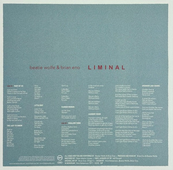 Brian Eno and Beatie Wolfe – Liminal (LP Vinyl)